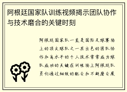阿根廷国家队训练视频揭示团队协作与技术磨合的关键时刻