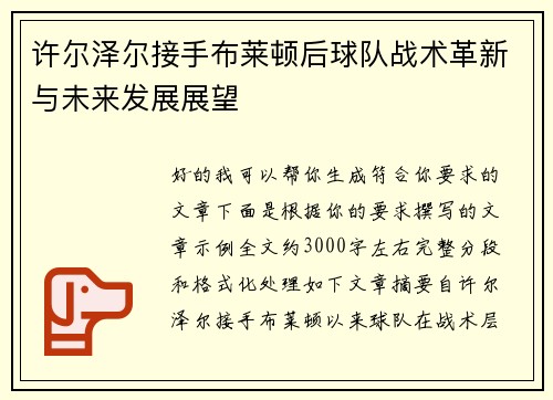 许尔泽尔接手布莱顿后球队战术革新与未来发展展望